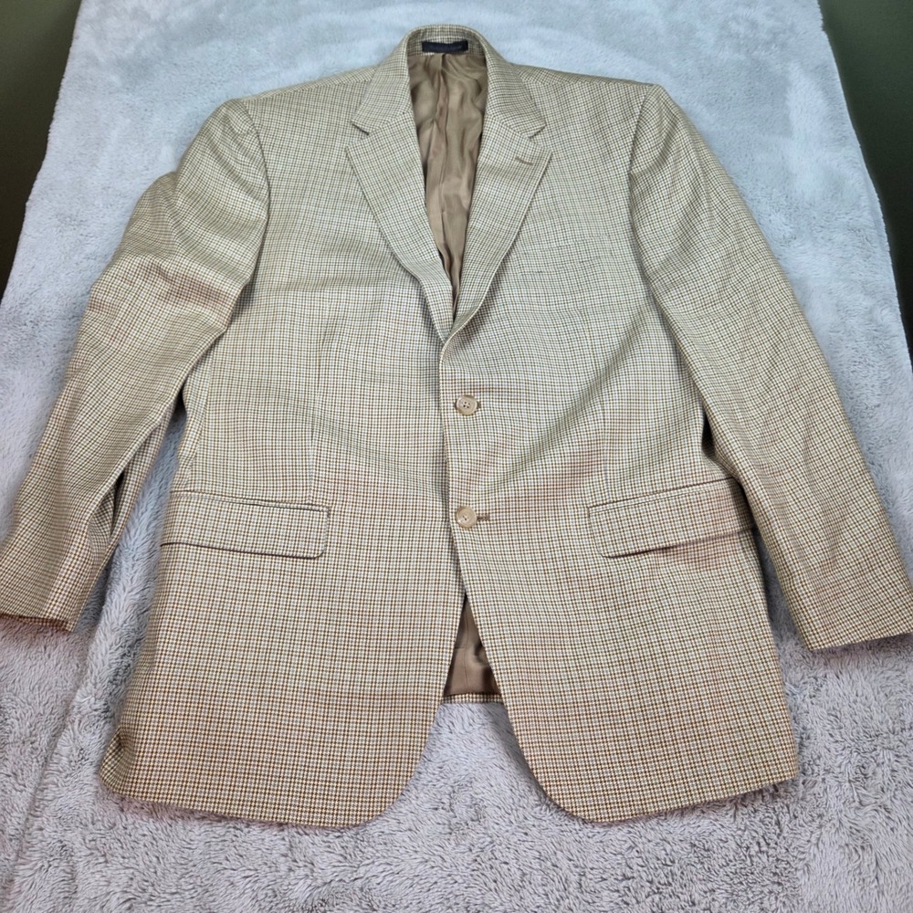 Lauren Ralph Lauren Silk Wool Sport Coat Mens 42R Houndstooth Blazer Tan Brown